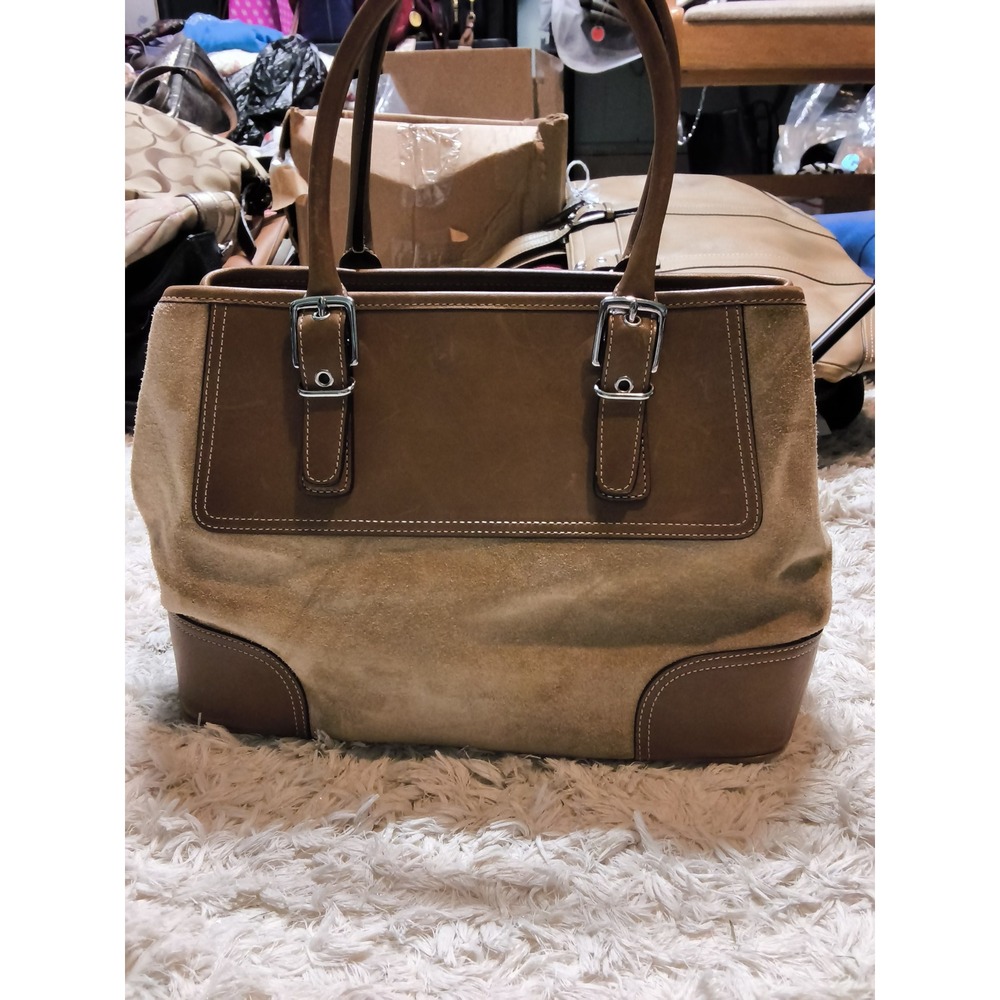 99.Coach Hampton Suede Leather Tote Bag Tan Brown G04Q-7562 Vintage Handbag